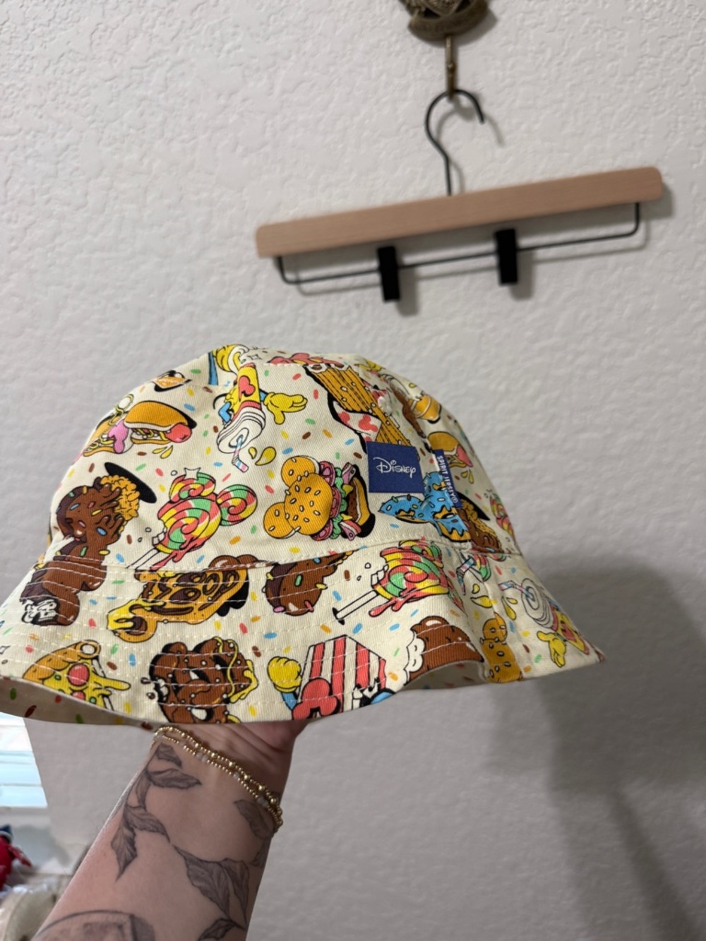 Disney Cream Bucket Hat with Colorful Snack Print (reversible)